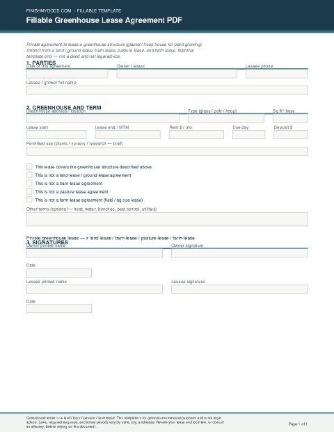 Fillable Greenhouse Lease Agreement PDF preview thumbnail
