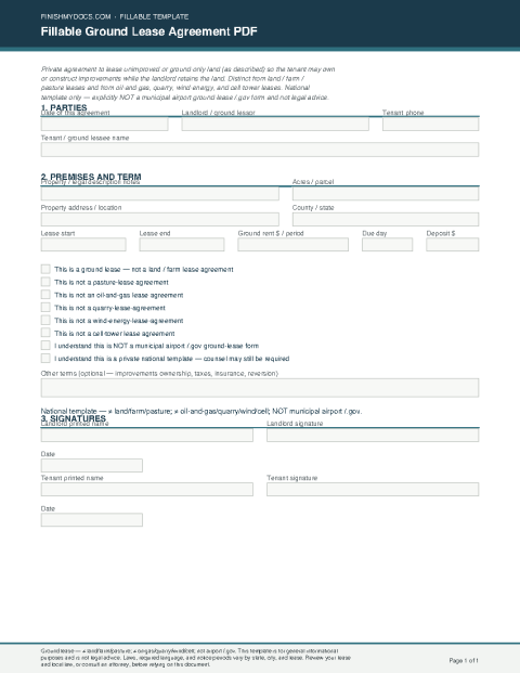 Fillable Ground Lease Agreement PDF preview thumbnail