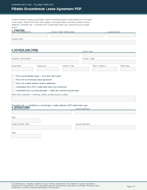 Fillable Groundwater Lease Agreement PDF preview thumbnail