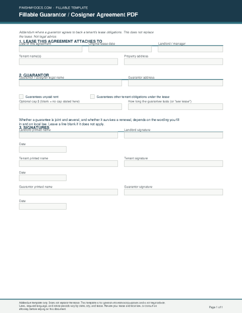Fillable Guarantor / Cosigner Agreement PDF preview thumbnail
