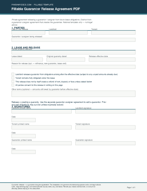 Fillable Guarantor Release Agreement PDF preview thumbnail
