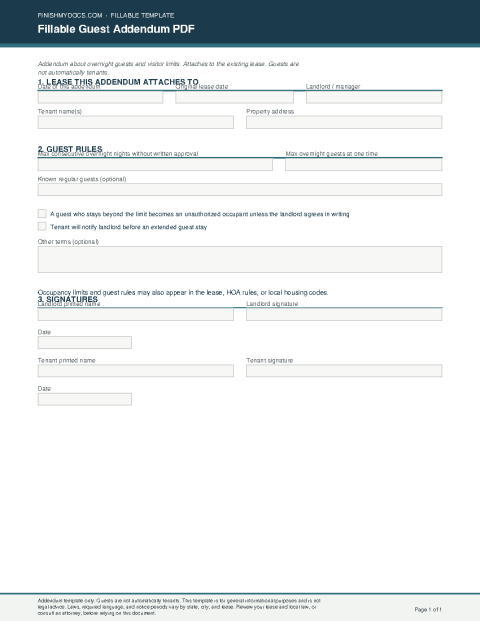 Fillable Guest Addendum PDF preview thumbnail