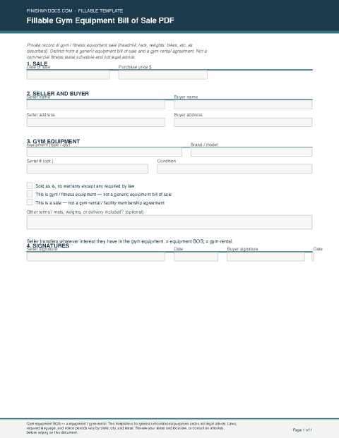 Fillable Gym Equipment Bill of Sale PDF preview thumbnail