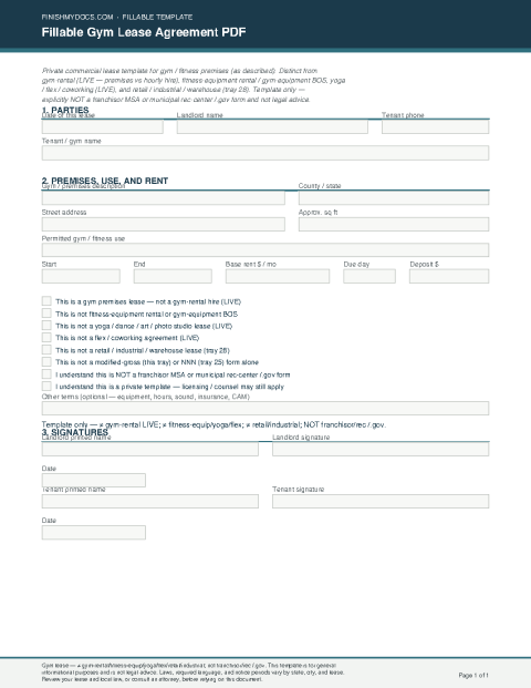 Fillable Gym Lease Agreement PDF preview thumbnail