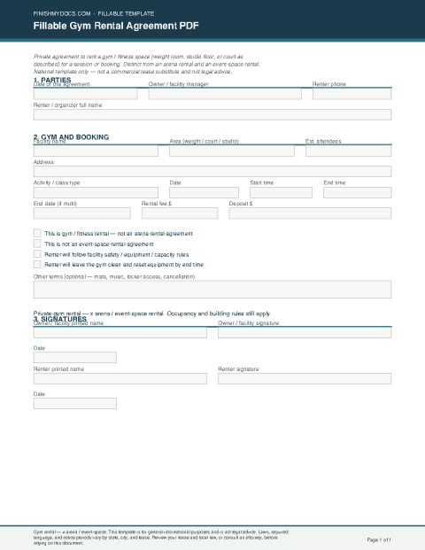 Fillable Gym Rental Agreement PDF preview thumbnail