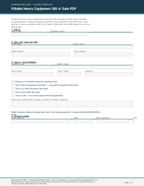 Fillable Heavy Equipment Bill of Sale PDF preview thumbnail