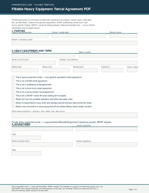 Fillable Heavy Equipment Rental Agreement PDF preview thumbnail