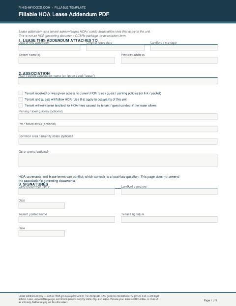 Fillable HOA Lease Addendum PDF preview thumbnail