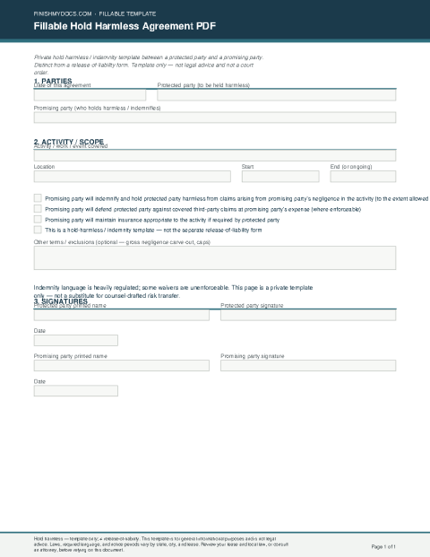 Fillable Hold Harmless Agreement PDF preview thumbnail