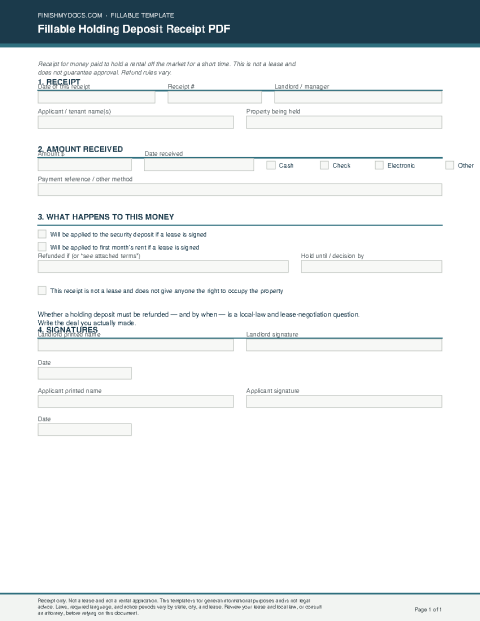 Fillable Holding Deposit Receipt PDF preview thumbnail