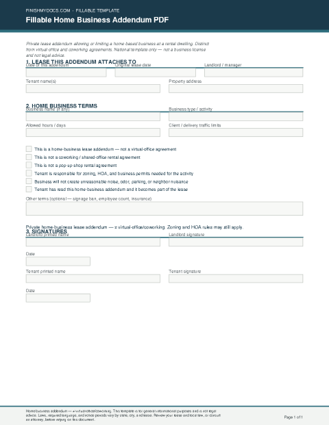 Fillable Home Business Addendum PDF preview thumbnail