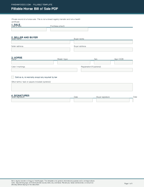 Fillable Horse Bill of Sale PDF preview thumbnail