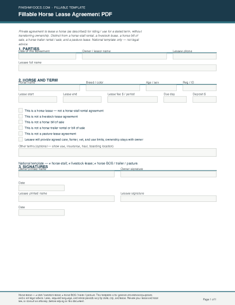 Fillable Horse Lease Agreement PDF preview thumbnail