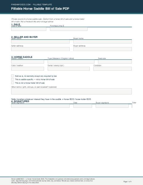 Fillable Horse Saddle Bill of Sale PDF preview thumbnail