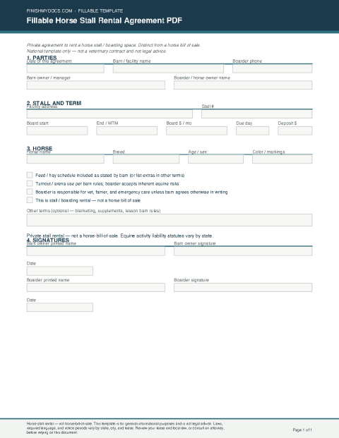 Fillable Horse Stall Rental Agreement PDF preview thumbnail