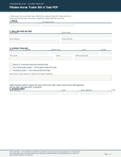 Fillable Horse Trailer Bill of Sale PDF preview thumbnail