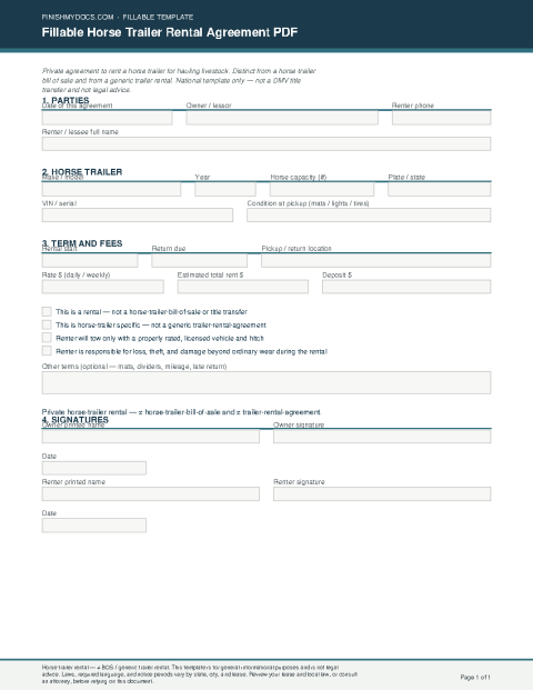Fillable Horse Trailer Rental Agreement PDF preview thumbnail