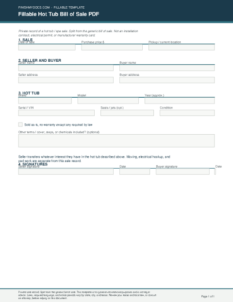Fillable Hot Tub Bill of Sale PDF preview thumbnail