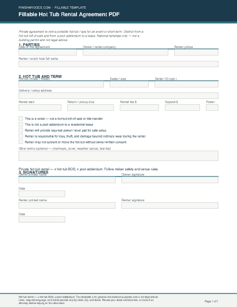 Fillable Hot Tub Rental Agreement PDF preview thumbnail