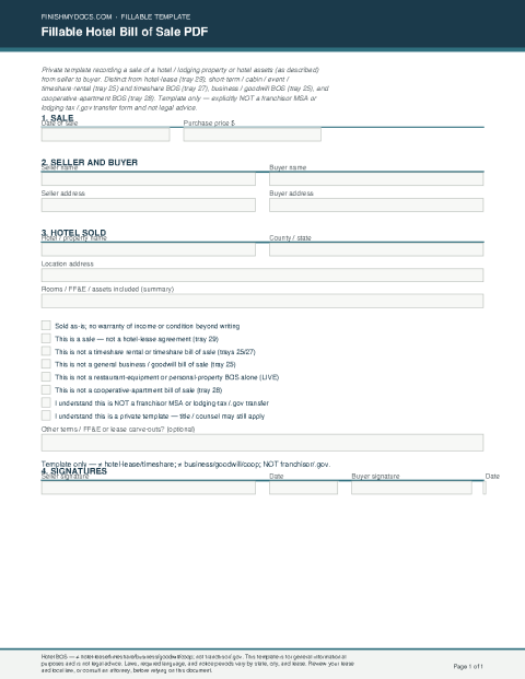 Fillable Hotel Bill of Sale PDF preview thumbnail