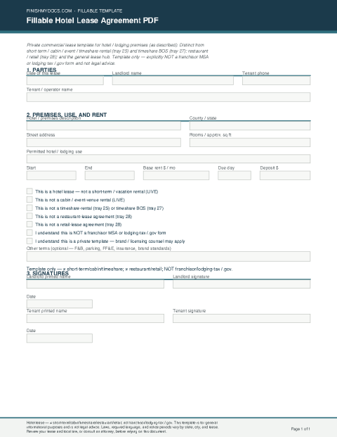 Fillable Hotel Lease Agreement PDF preview thumbnail