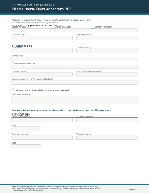 Fillable House Rules Addendum PDF preview thumbnail