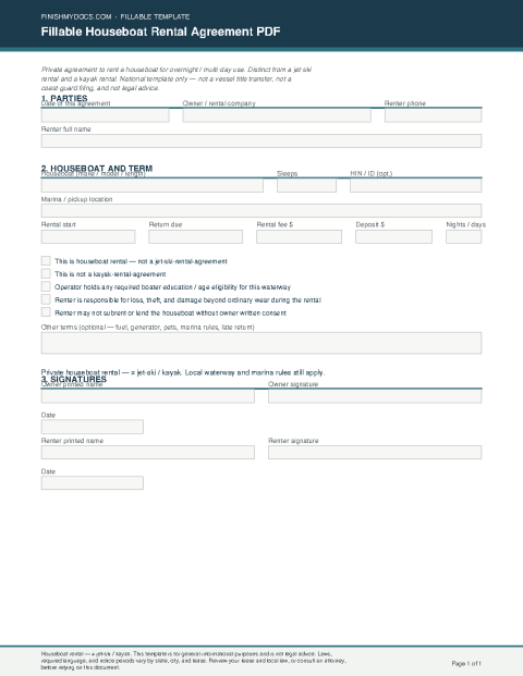 Fillable Houseboat Rental Agreement PDF preview thumbnail