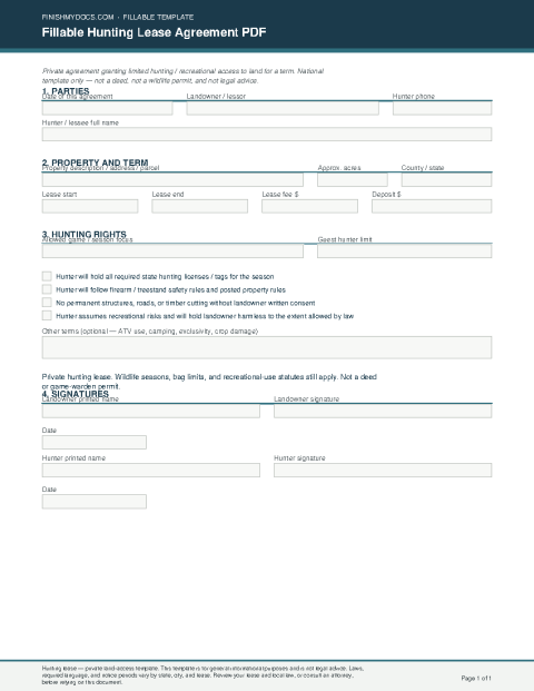 Fillable Hunting Lease Agreement PDF preview thumbnail
