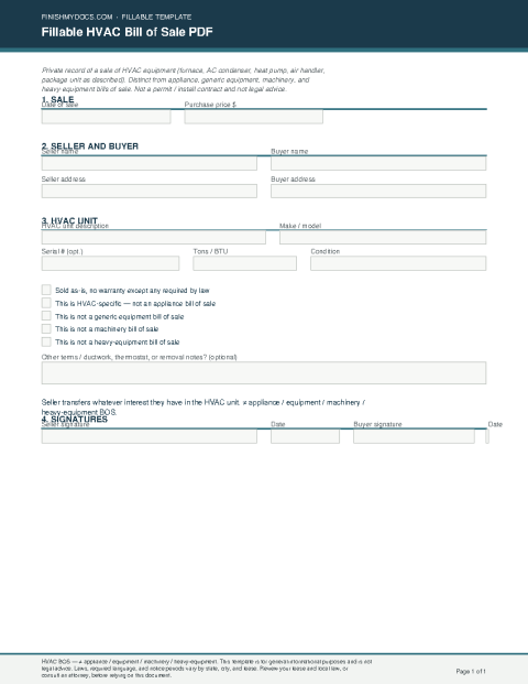 Fillable HVAC Bill of Sale PDF preview thumbnail