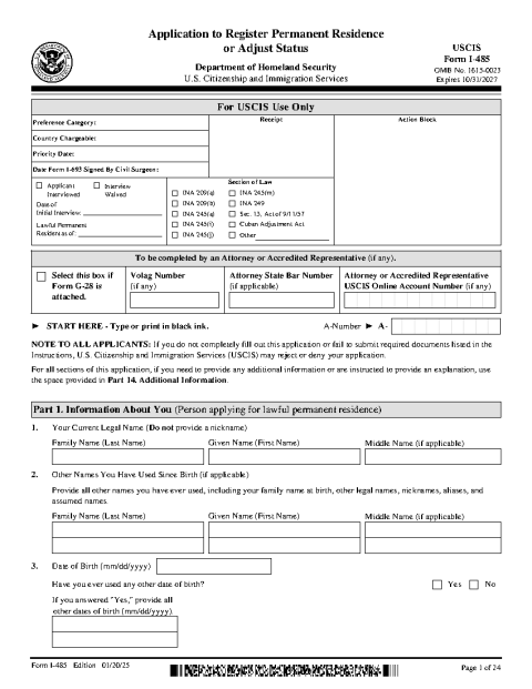Form I-485 (Application to Register Permanent Residence) preview