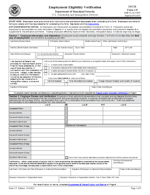 Form I-9 (Employment Eligibility Verification) preview
