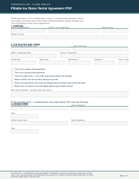 Fillable Ice Skate Rental Agreement PDF preview thumbnail