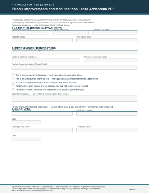 Fillable Improvements and Modifications Lease Addendum PDF preview thumbnail