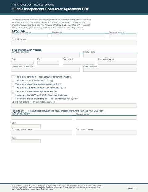 Fillable Independent Contractor Agreement PDF preview thumbnail