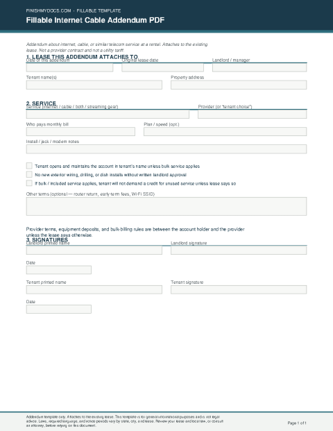 Fillable Internet Cable Addendum PDF preview thumbnail