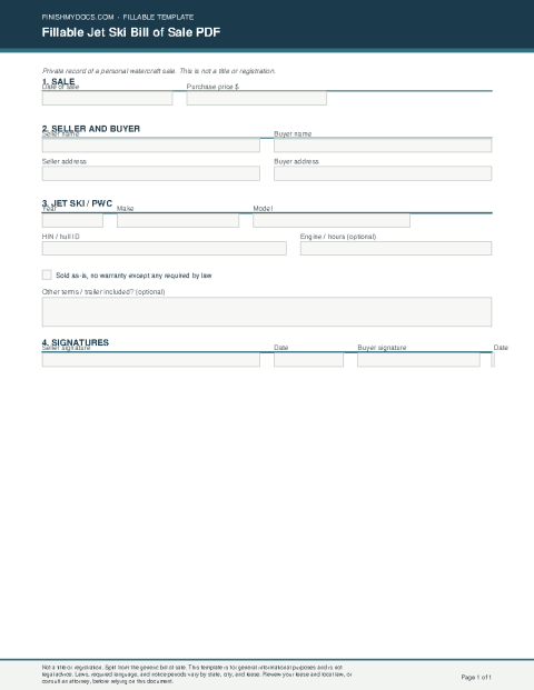Fillable Jet Ski Bill of Sale PDF preview thumbnail
