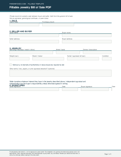 Fillable Jewelry Bill of Sale PDF preview thumbnail