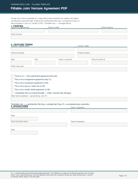 Fillable Joint Venture Agreement PDF preview thumbnail