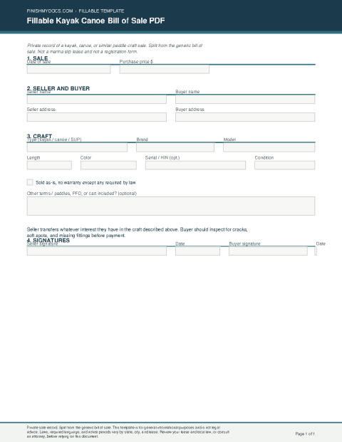 Fillable Kayak Canoe Bill of Sale PDF preview thumbnail