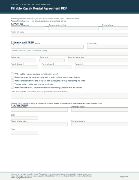 Fillable Kayak Rental Agreement PDF preview thumbnail