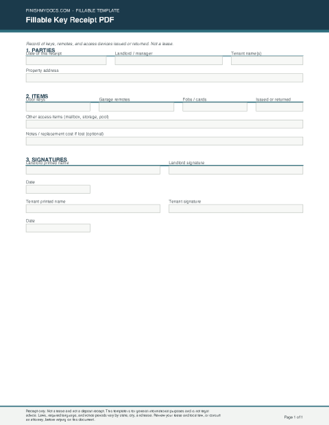 Fillable Key Receipt PDF preview thumbnail