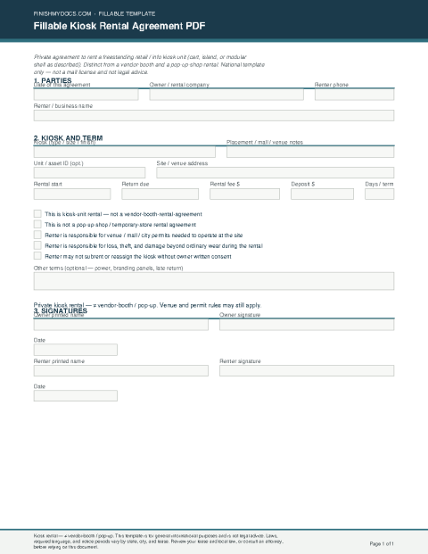 Fillable Kiosk Rental Agreement PDF preview thumbnail