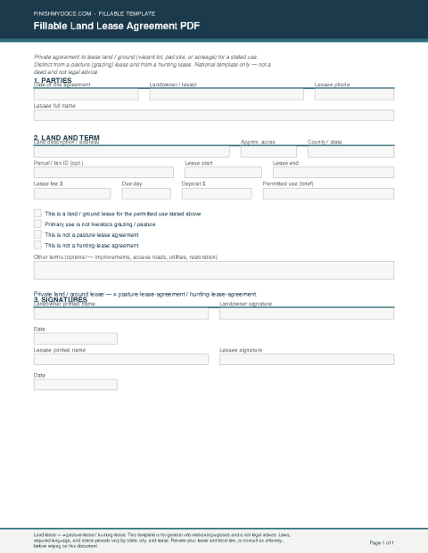 Fillable Land Lease Agreement PDF preview thumbnail