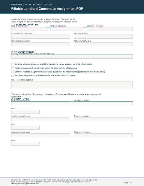 Fillable Landlord Consent to Assignment PDF preview thumbnail