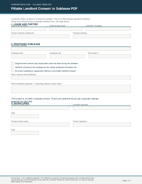 Fillable Landlord Consent to Sublease PDF preview thumbnail