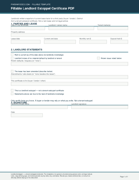 Fillable Landlord Estoppel Certificate PDF preview thumbnail