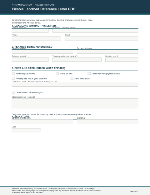 Fillable Landlord Reference Letter PDF preview thumbnail