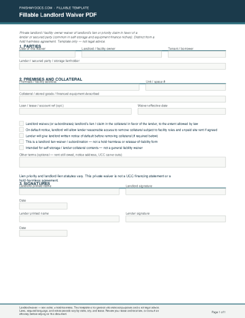 Fillable Landlord Waiver PDF preview thumbnail
