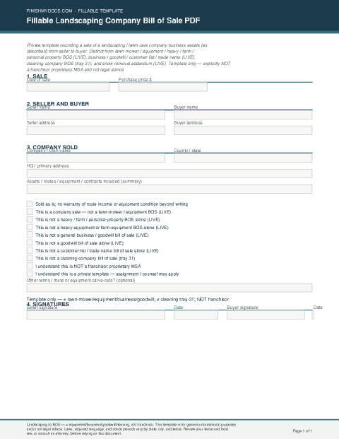 Fillable Landscaping Company Bill of Sale PDF preview thumbnail