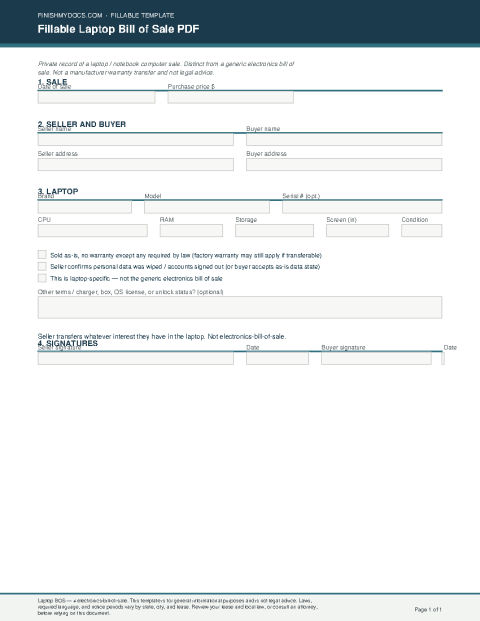 Fillable Laptop Bill of Sale PDF preview thumbnail